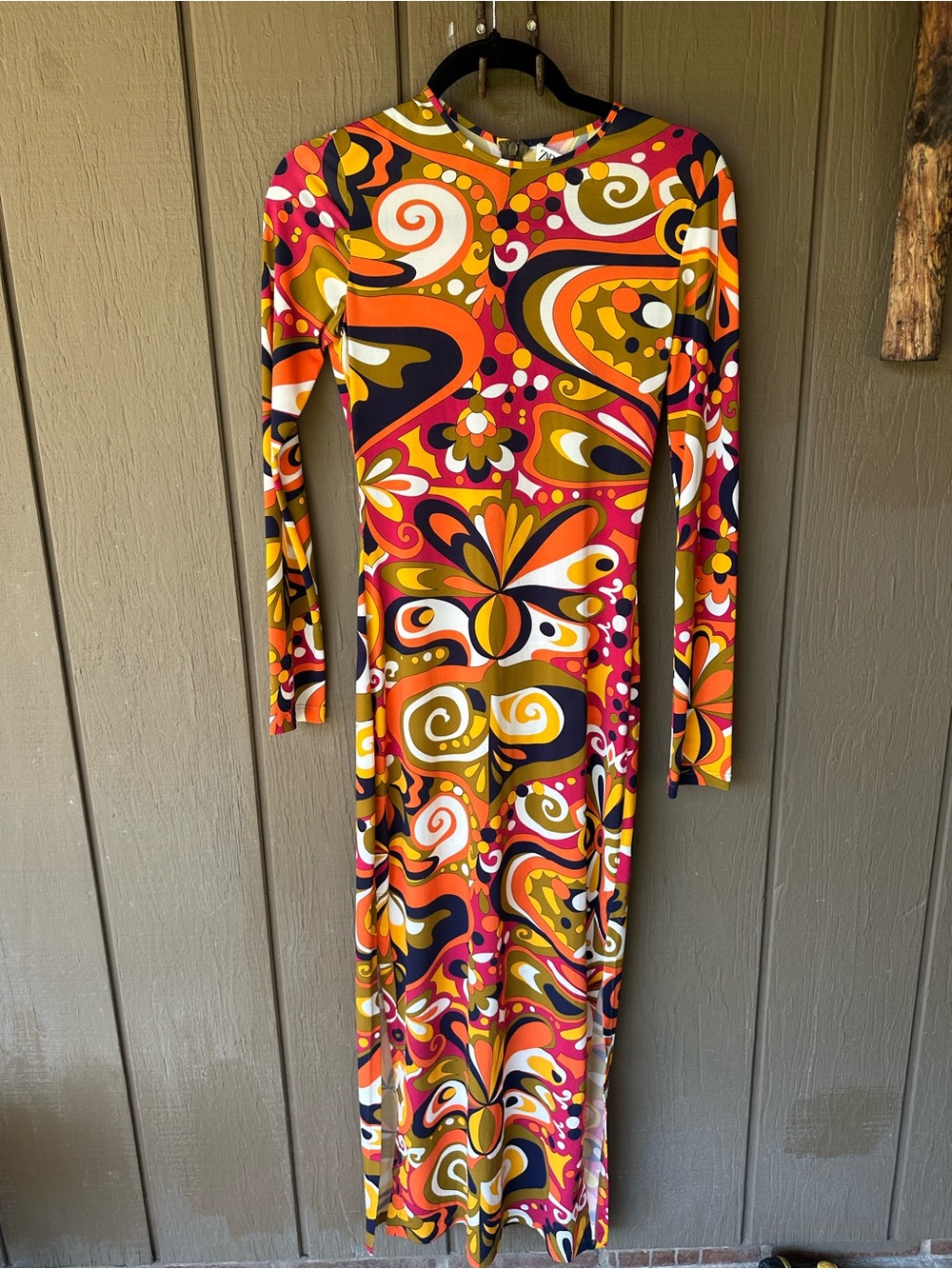 Groovy Pucci Inspired Long-Sleeve Midi Dress in Orange, Pink, Black, & White